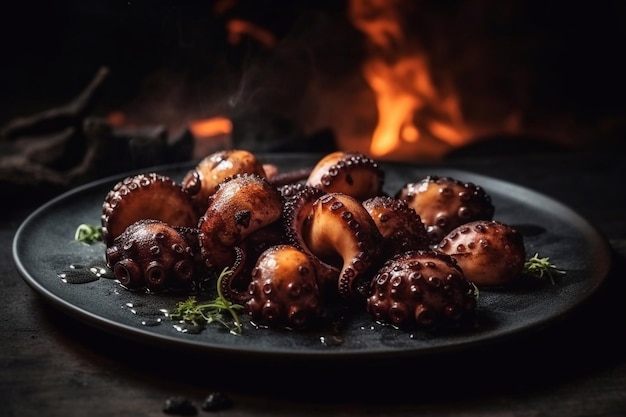 Poulpe grillé sur une assiette Fruits de mer grillés AI générative