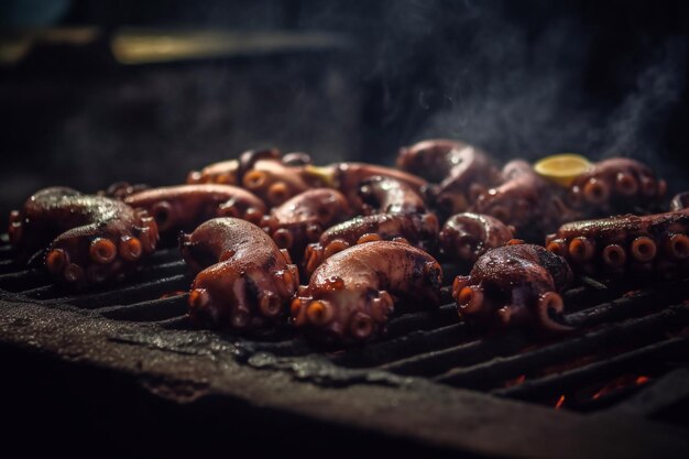 Poulpes sur le gril Fruits de mer grillés Feu de fumée Poulpe en cuisson AI générative