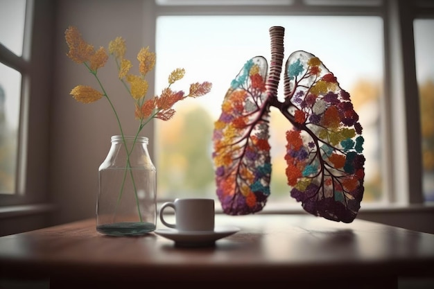 Photo poumons fabriqués à partir de fleurs dans un vase sur une table apportant une touche de couleur et de vie à n'importe quelle pièce