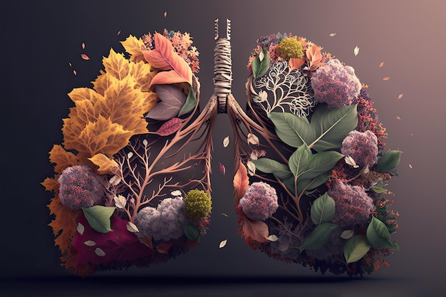 Poumons fabriqués à partir de fleurs et de la nature sur fond sombre Environnement ou concept de santé pulmonaire AI générative