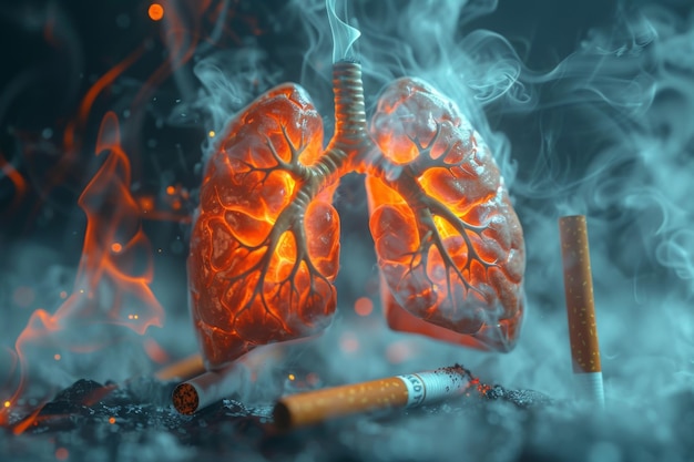 Les poumons des fumeurs dans la fumée et les cigarettes dans les boutons de cigarettes et la pourriture détruisent les poumons du patient poumons cancéreux mode de vie malsain nicotine