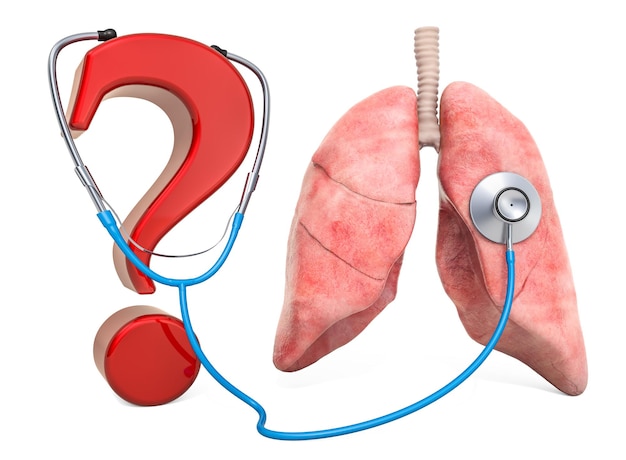 Photo poumons humains avec point d'interrogation et stéthoscope diagnostic et traitement des poumons maladie du foie concept rendu 3d