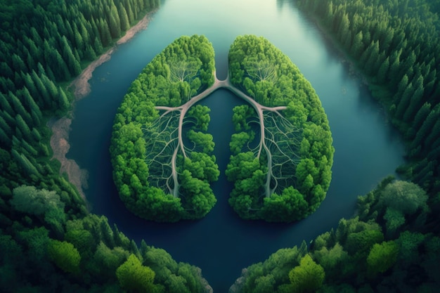 Poumons verts de la planète Terre Une île verte en forme de poumons au milieu d'un lac limpide et de la forêt vierge générée par Ai