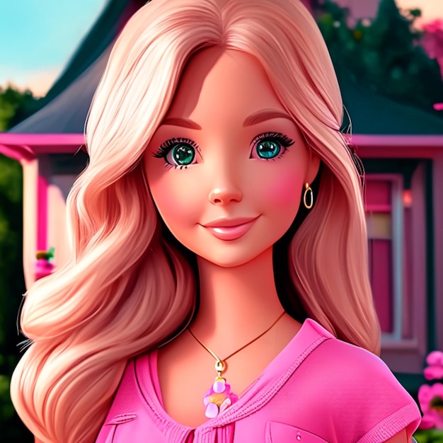 La poupée Barbie d'anime en tenue de mode devant sa maison