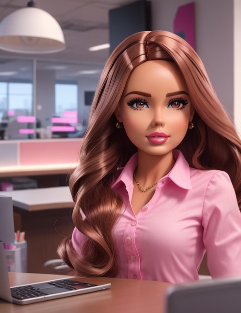 Une poupée Barbie aux cheveux bruns. Travail de bureau à 8 km.