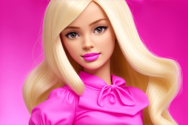 Poupée Barbie blonde Jolie fille blonde portrait Tenue rose et vêtements Maquillage et rouge à lèvres Style jouet Couleurs vives