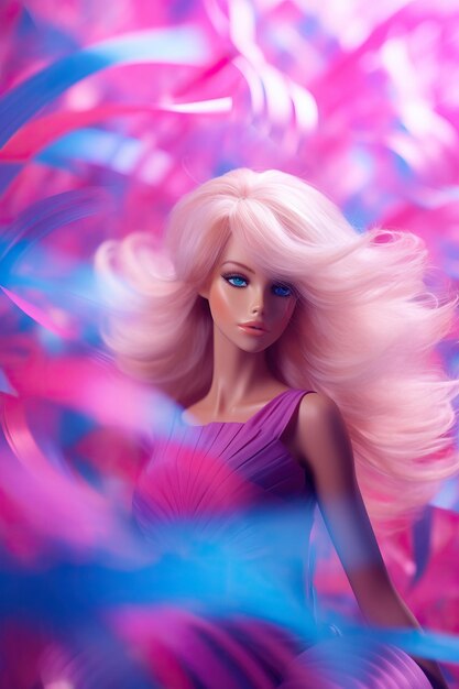 Photo une poupée barbie avec des cheveux roses et une robe violette