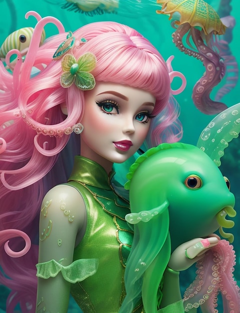 la poupée barbie à cheveux verts, la sirène, le poisson, la méduse