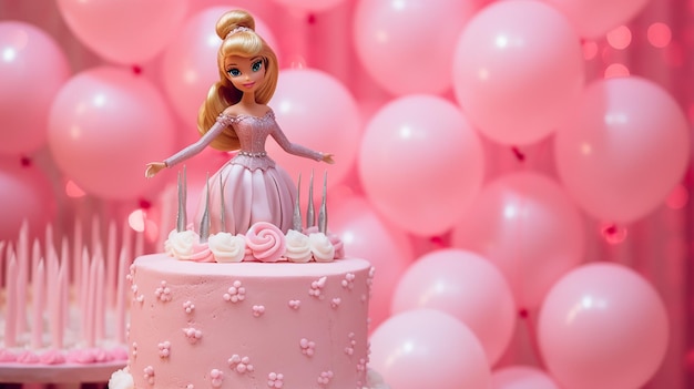 Poupée Barbie avec gâteau rose et ballons roses