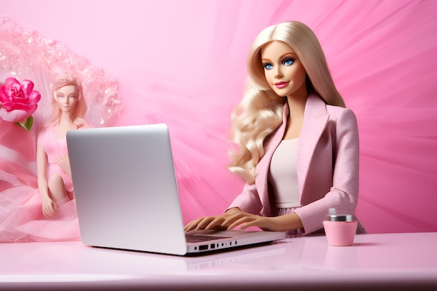 Une poupée Barbie générative assise à une table avec un ordinateur portable