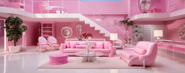 Poupée Barbie intérieur rose maison moderne chaque meuble est rose panorama Generative Ai