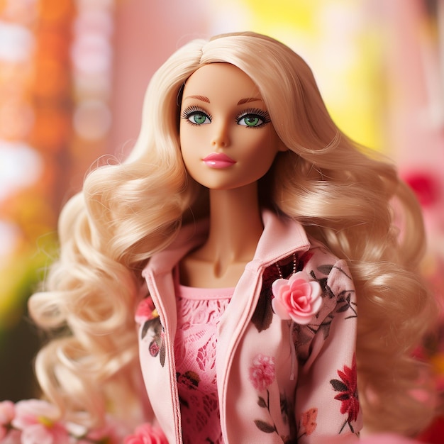 Poupée Barbie jolie fille blonde tenue fond d'écran rose