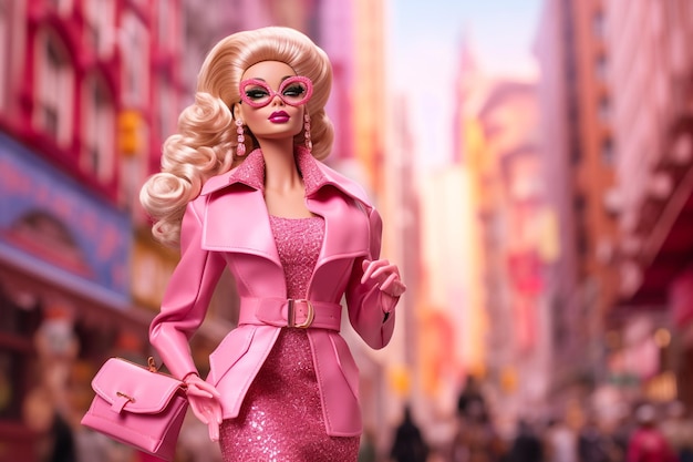 Photo poupée barbie en manteau de fourrure et chaussures sur fond rose disposition de mode minimalisme vue de dessus plat