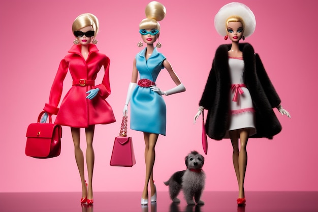 Poupée Barbie en manteau de fourrure et chaussures sur fond rose Disposition de mode minimalisme vue de dessus plat