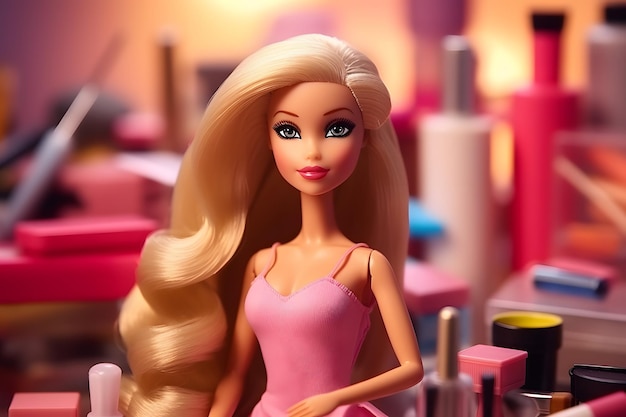 Une poupée Barbie avec un maquillage coloré assis sur une table