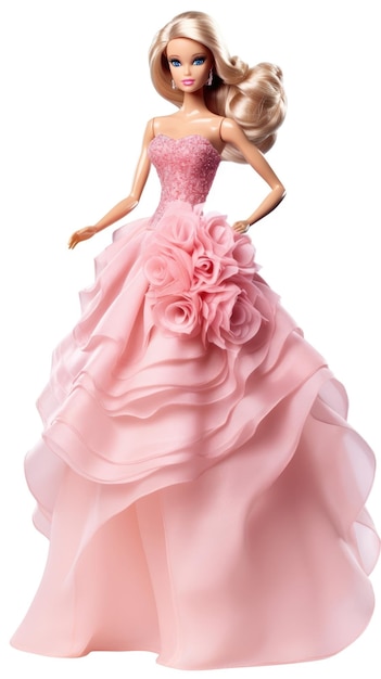 Une poupée Barbie portant une robe rose avec une fleur rose en bas.