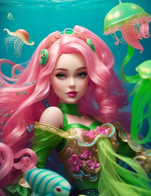 poupée barbie poulpe à cheveux verts poulpe poisson méduse