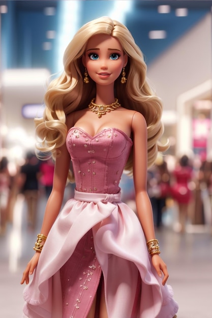 Une Poupée Barbie Avec Une Robe Rose Et Des Bijoux En Or.