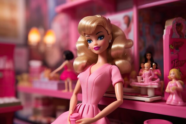 Photo une poupée barbie avec une robe rose est assise devant une étagère de poupées.