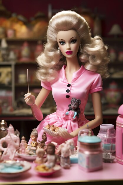 Photo une poupée barbie avec une robe rose et un nœud noir.