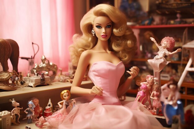 une poupée barbie avec une robe rose et une poubelle en arrière-plan