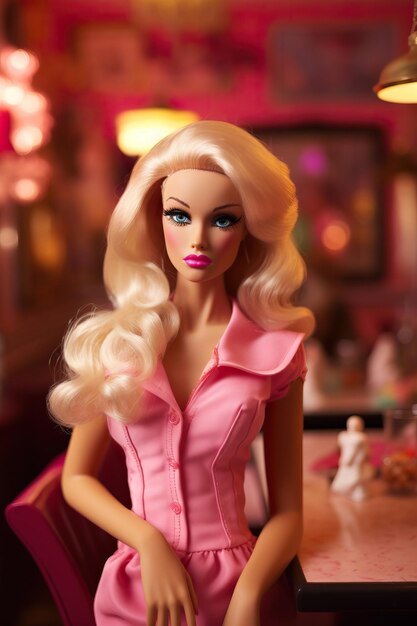 Photo une poupée barbie avec une robe rose et une robe rose.