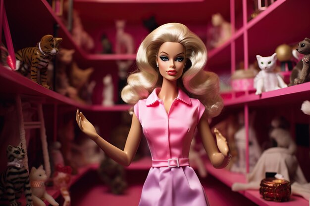 Photo une poupée barbie avec une robe rose et une robe rose.