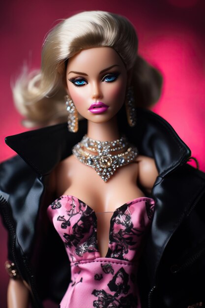 une poupée Barbie avec une robe rose et une veste noire