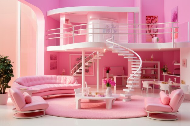 Poupée Barbie rose intérieur maison moderne chaque meuble est rose Generative Ai