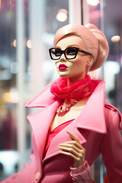 Photo poupée barbie rose avec des lunettes dans le magasin prada dans le style d'une photo de haute qualité hautement détaillée