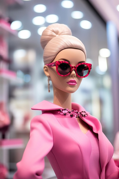 Poupée Barbie rose avec des lunettes dans le magasin Prada dans le style d'une photo de haute qualité hautement détaillée