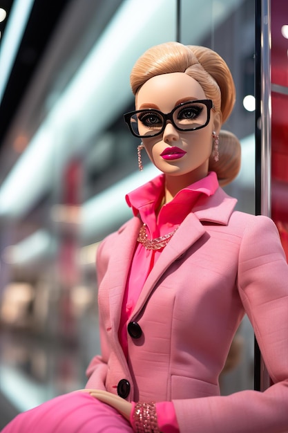 Poupée Barbie rose avec des lunettes dans le magasin Prada dans le style d'une photo de haute qualité hautement détaillée