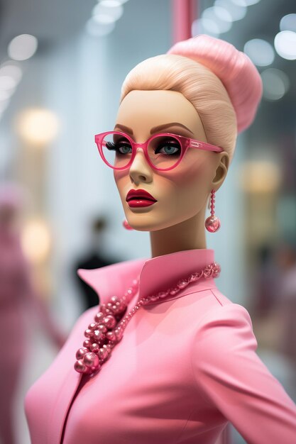 Photo poupée barbie rose avec des lunettes dans le magasin prada dans le style d'une photo de haute qualité hautement détaillée