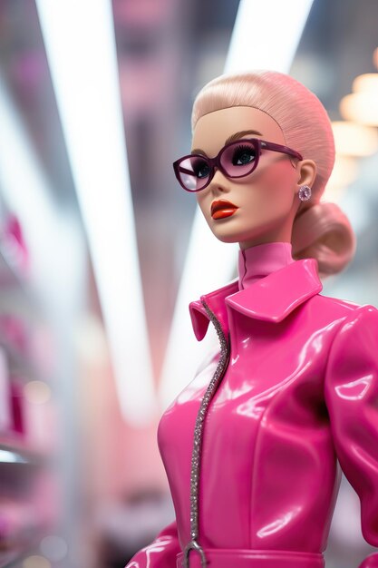 Photo poupée barbie rose avec des lunettes dans le magasin prada dans le style d'une photo de haute qualité hautement détaillée