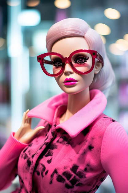 Photo poupée barbie rose avec des lunettes dans le magasin prada dans le style d'une photo de haute qualité hautement détaillée