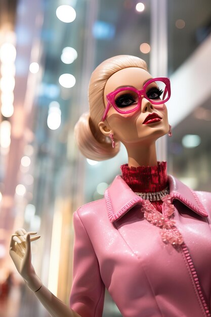 Photo poupée barbie rose avec des lunettes dans le magasin prada dans le style d'une photo de haute qualité hautement détaillée