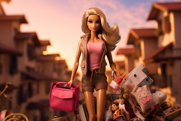 une poupée barbie tenant de nombreux vêtements