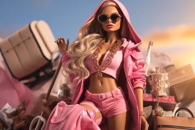 une poupée barbie tenant de nombreux vêtements