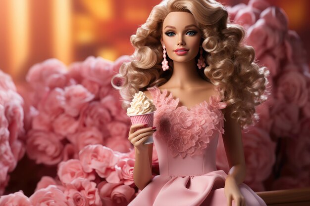 La poupée Barbie vêtue d'une robe de soirée rose mange de la glace Fête avec des bonbons Generative AI