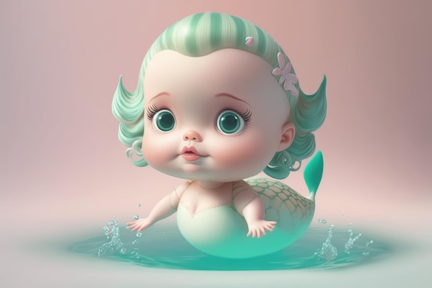 Une poupée bébé sirène aux cheveux verts et à la queue verte est assise dans un bassin d'eau.