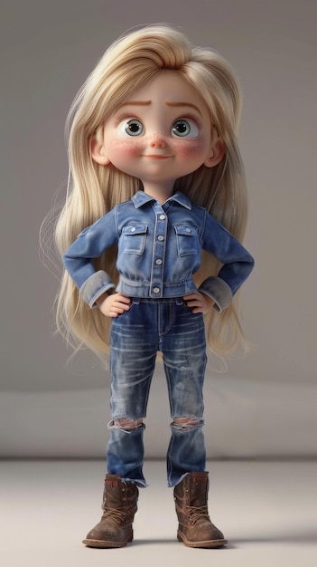 Une poupée blonde en chemise denim et en jean