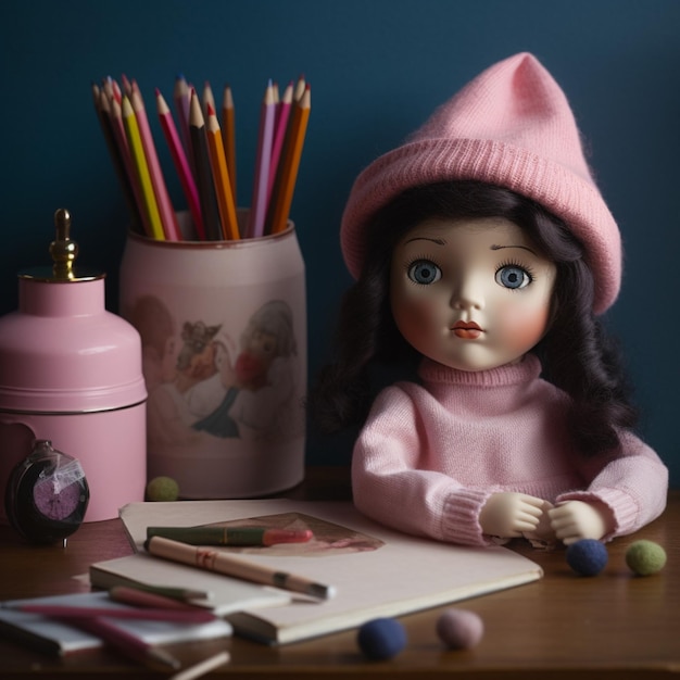 Une poupée avec un chapeau rose est assise à une table avec un contenant rose de crayons de couleur.