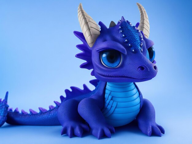 Une poupée de dragon violet et bleu avec de grands yeux est assise sur un fond bleu.