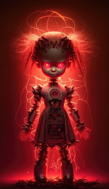 Une poupée effrayante aux yeux rouges et aux yeux rouges se trouve dans une pièce sombre.