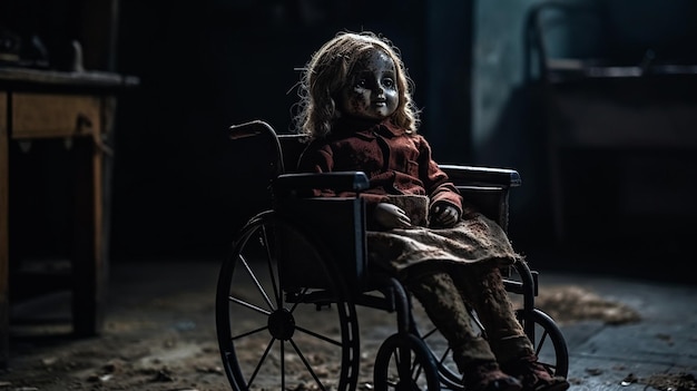 Une poupée est assise dans un fauteuil roulant dans le noir.