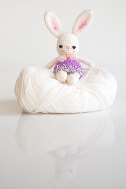 Photo poupée faite main au crochet poupée de lapin mignon sur fond blanc.