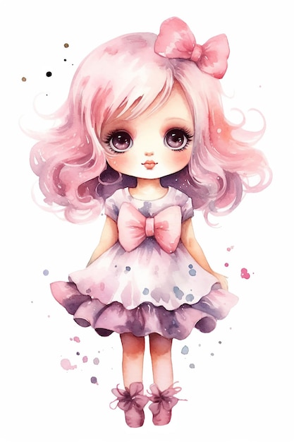 Poupée fille jouet aquarelle clipart mignon isolé sur fond blanc avec Generative AI