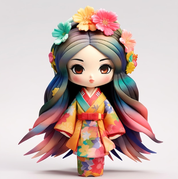 Une poupée avec des fleurs colorées sur ses cheveux porte un kimono.