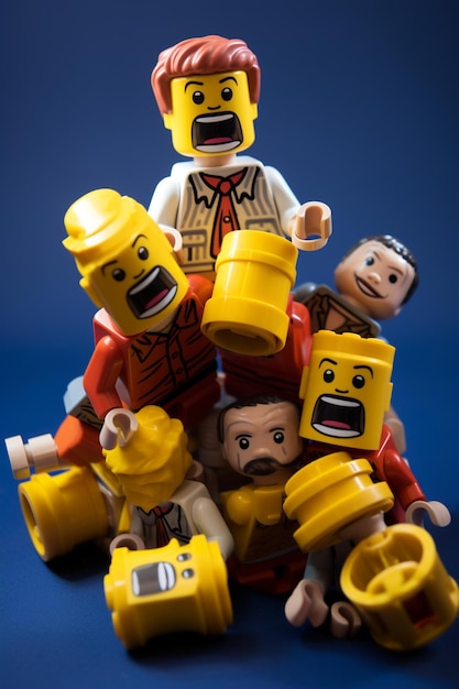 Une poupée LEGO jouant avec d'autres poupées LEGO, leurs visages remplis de rire