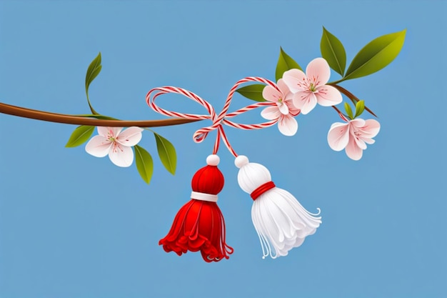 Photo la poupée martenitsa ou martisor rouge et blanche suspendue aux branches de l'arbre en fleur roumain